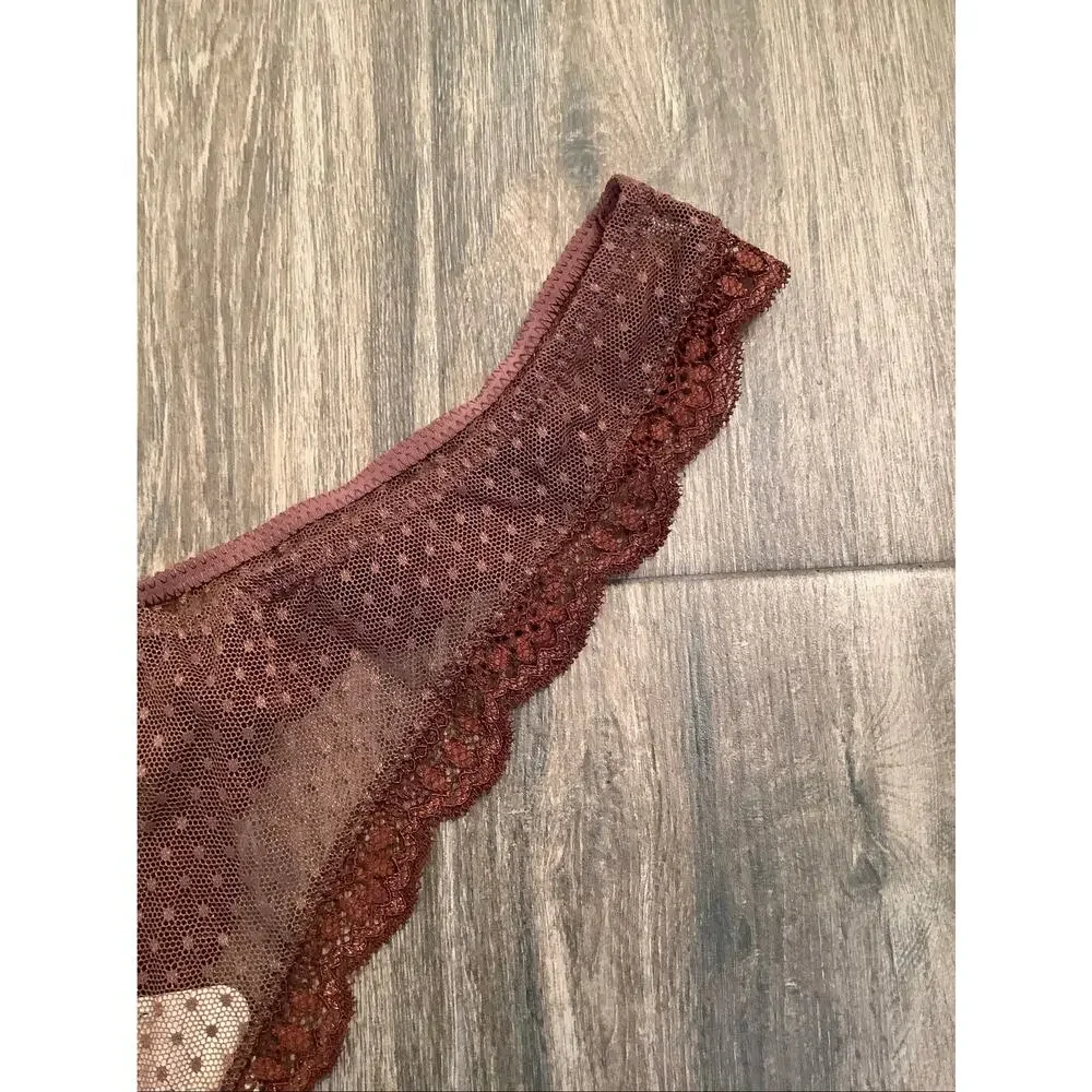 Intimately Free People Womens S Mocha Polka Dot Mesh Mid Week Thong Panty C12-6